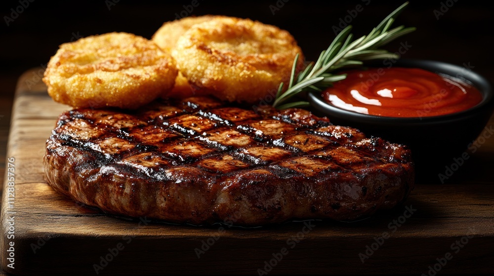 Grilled steak with potato cakes and ketchup.