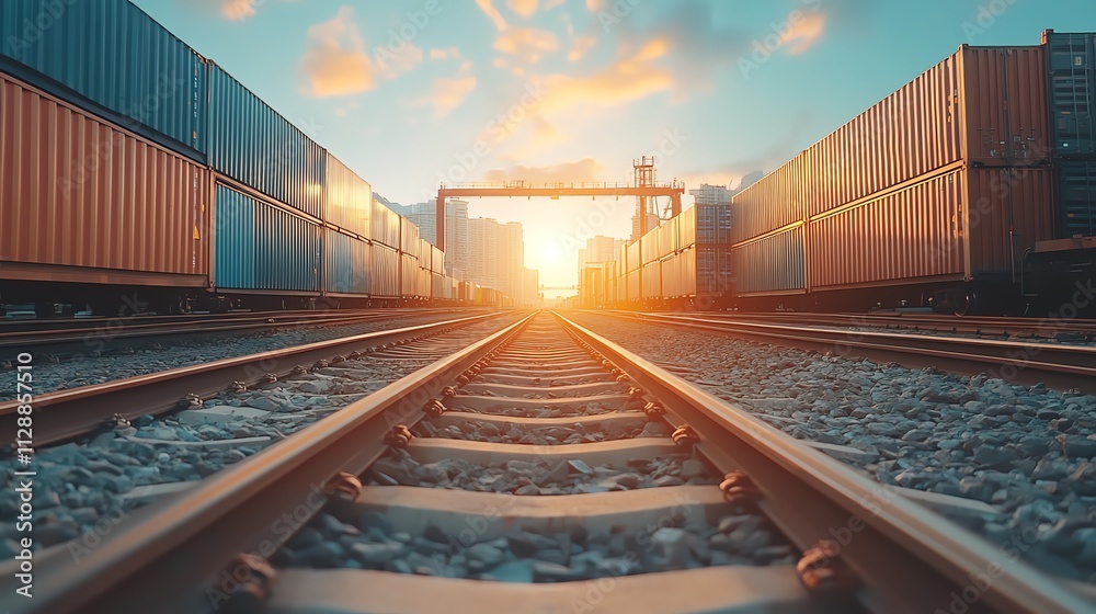 Fototapeta premium Freight train on tracks carrying stacked containers focus on rail logistics futuristic silhouette with cityscape backdrop