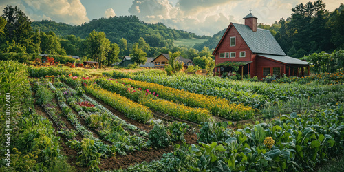 Modern farmer and sustainability concept. vibrant farm with diverse organic crops and charming red barn photo