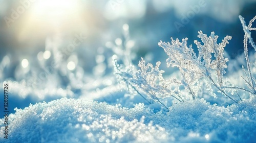 Frosty plants emerge from snowy ground, sunlit.