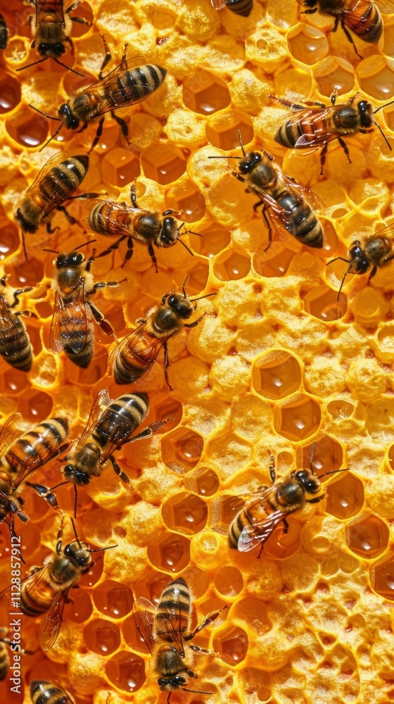 Image depicts honey bees on yellow honeycomb, showcasing bees in motion and resting, engaging in vital behaviors. Image depicts honey bees on yellow honeycomb, showcasing bees in motion and resting, engaging in vital behaviors.