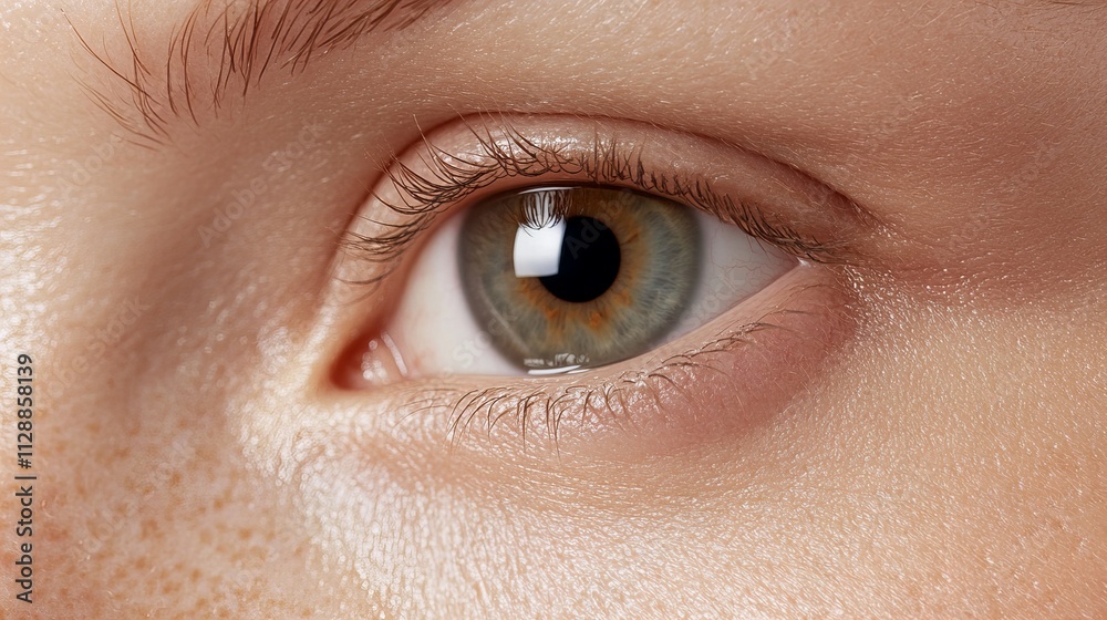 Obraz premium Close-up of a human eye featuring intricate details and a mix of green and brown hues.