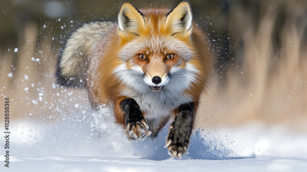 Fototapeta premium Red fox running in snow capturing nature's wild beauty