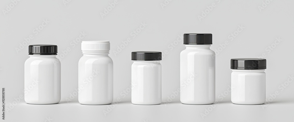 Modern realistic 3D set of white jars for vitamins and medicines with blank label. The template is for a pharmacy capsule, tablet, or powder container. Modern realistic 3D set of white jars for vitamins and medicines with blank label. The template is for a pharmacy capsule, tablet, or powder container.
