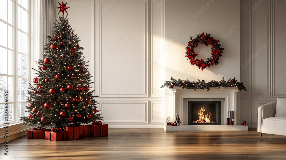 a beautifully decorated Christmas tree adorned with red ornaments and wrapped presents at its base, situated in a spacious room with a large window and a fireplace in the background. a beautifully decorated Christmas tree adorned with red ornaments and wrapped presents at its base, situated in a spacious room with a large window and a fireplace in the background.
