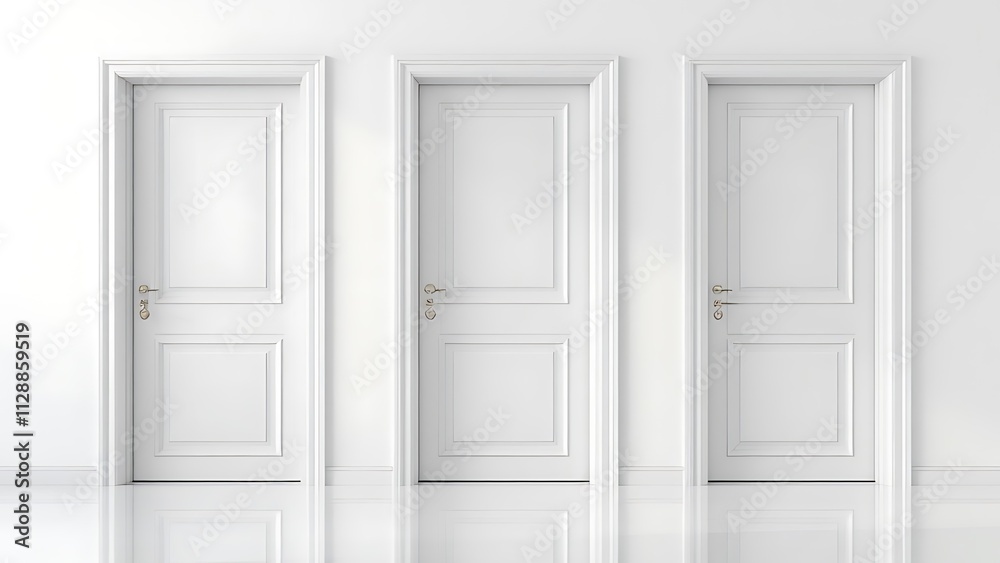 Three white closed doors lined up against a plain wall in a minimalist interior setting, showcasing simple design and elegance. Three white closed doors lined up against a plain wall in a minimalist interior setting, showcasing simple design and elegance.