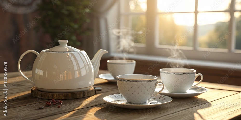 Inviting Still Life of Teacups and Teapot on a Wooden Table with a Warm, Cozy Atmosphere Inviting Still Life of Teacups and Teapot on a Wooden Table with a Warm, Cozy Atmosphere
