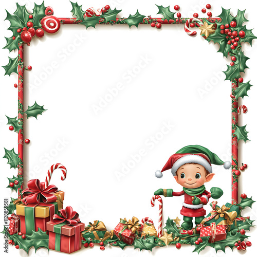  Whimsical Christmas Frame with Elves, Candy Canes, and Gifts photo