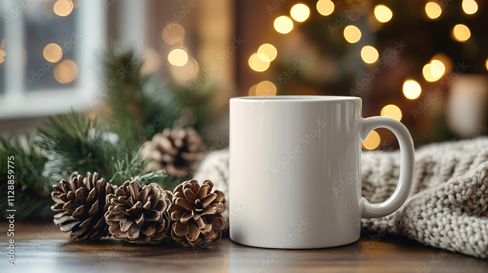 A blank white coffee mug mockup, with a Christmas theme, cozy and warm, with bokeh lights in the background, pine cones, a knitted blanket, and soft lighting, captured in high-resolution photography. A blank white coffee mug mockup, with a Christmas theme, cozy and warm, with bokeh lights in the background, pine cones, a knitted blanket, and soft lighting, captured in high-resolution photography.
