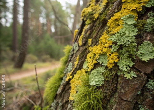 Close-up of Vibrant Lichen on Tree Bark Highlighting Nature's Textures and Colors in a Forest Setting for Nature Lovers and Environmental Enthusiasts