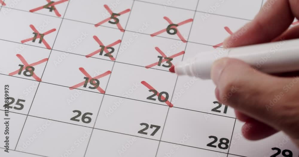 Hand marking off days on a calendar with a red marker, signifying the passage of time or countdown. Close-Up of Hand Marking Days Off on a Calendar with Red Marker Hand marking off days on a calendar with a red marker, signifying the passage of time or countdown. Close-Up of Hand Marking Days Off on a Calendar with Red Marker
