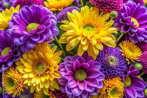 Close-Up of Vibrant Purple and Yellow Flowers with Copy Space for Creative Designs and Projects, Perfect for Nature Lovers and Floral Enthusiasts Seeking Colorful Imagery