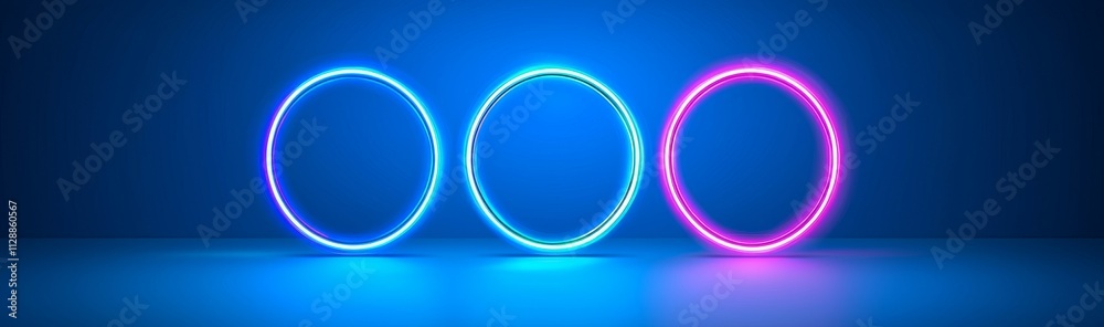 Obraz premium Neon light effect of solar eclipse. Moon covers sun with round flare. Realistic illustration set of space circle halo glow. Abstract astronomy luminosity ring and crescent in blue and pink.