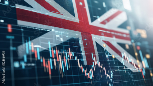 The image features the UK flag overlaid with financial graphs, representing economic data or stock market trends related to the United Kingdom.