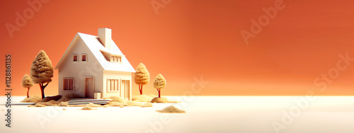 A minimalistic banner featuring a modern house with an orange hue. The image highlights a concept related to real estate loans, with ample copy space for text photo