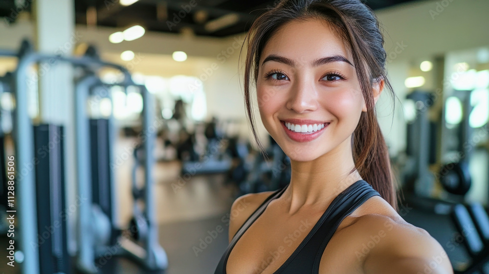 Confident fit woman takes energetic selfie in modern gym environment Confident fit woman takes energetic selfie in modern gym environment
