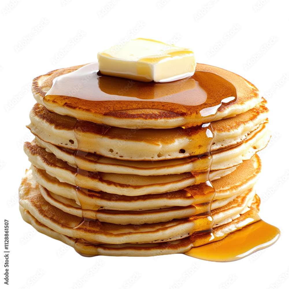 Fluffy pancakes stacked high, topped with melting butter and drizzled with golden syrup in a cozy kitchen setting Fluffy pancakes stacked high, topped with melting butter and drizzled with golden syrup in a cozy kitchen setting