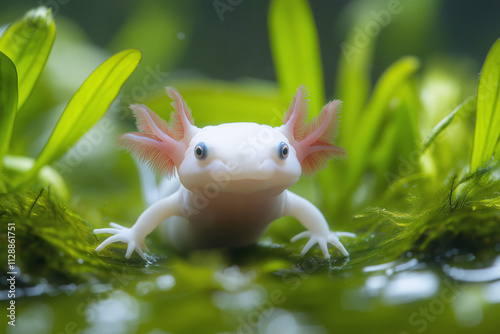 Close-up of a white axolotl in greenery aquatic nature scene freshwater environment photo