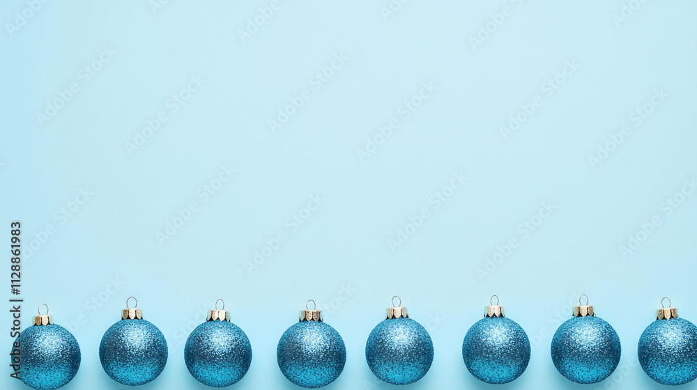 Fototapeta premium Beautiful arrangement of blue Christmas ornaments on a light blue background for festive decor