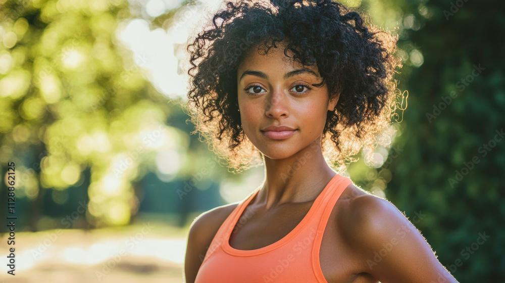 Glowing portrait of a woman finishing her run in a coral tank top in an urban park setting Glowing portrait of a woman finishing her run in a coral tank top in an urban park setting