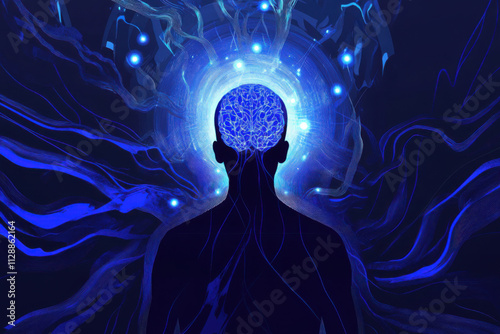 Futuristic human had with luminous brain network. Concept for Mindfulness. Modern illustration. Minimalism, deep blue colors.