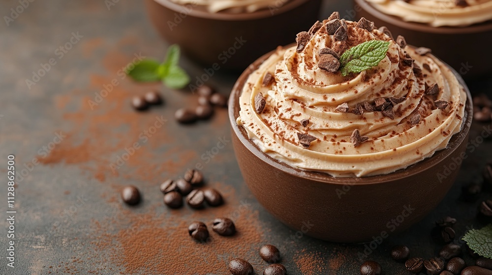 Delicious Coffee Flavored Dessert In Brown Bowls Delicious Coffee Flavored Dessert In Brown Bowls