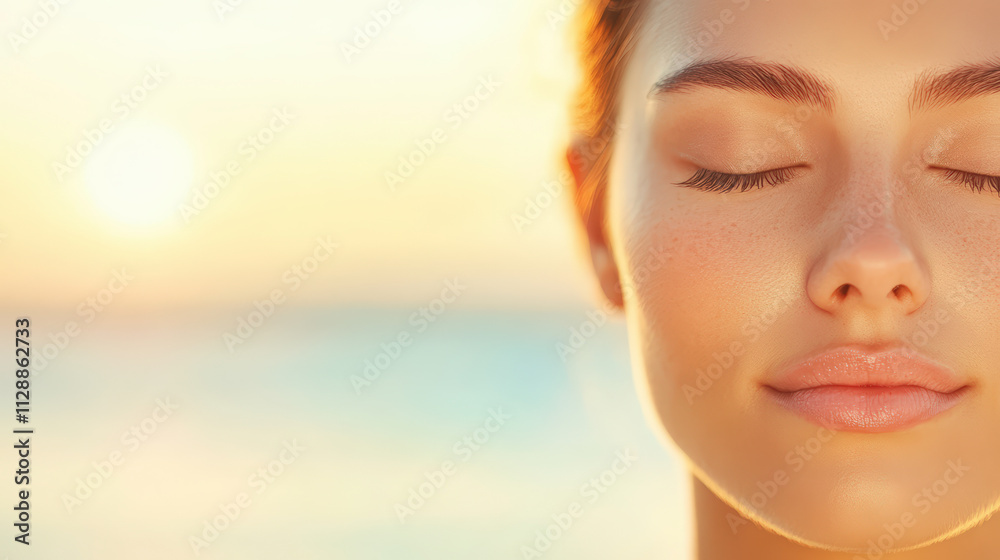 A serene person with closed eyes enjoys a peaceful moment at sunset, basking in the warm glow of the sun by the sea. A serene person with closed eyes enjoys a peaceful moment at sunset, basking in the warm glow of the sun by the sea.