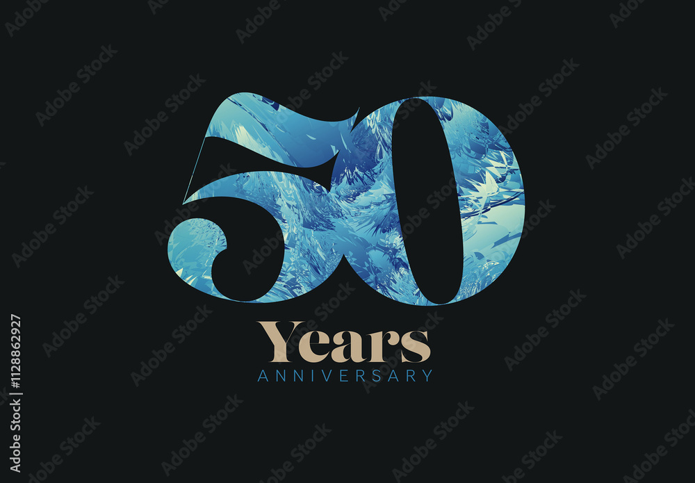 fifty 50 years anniversary card layout template - dark with blue abstract pattern