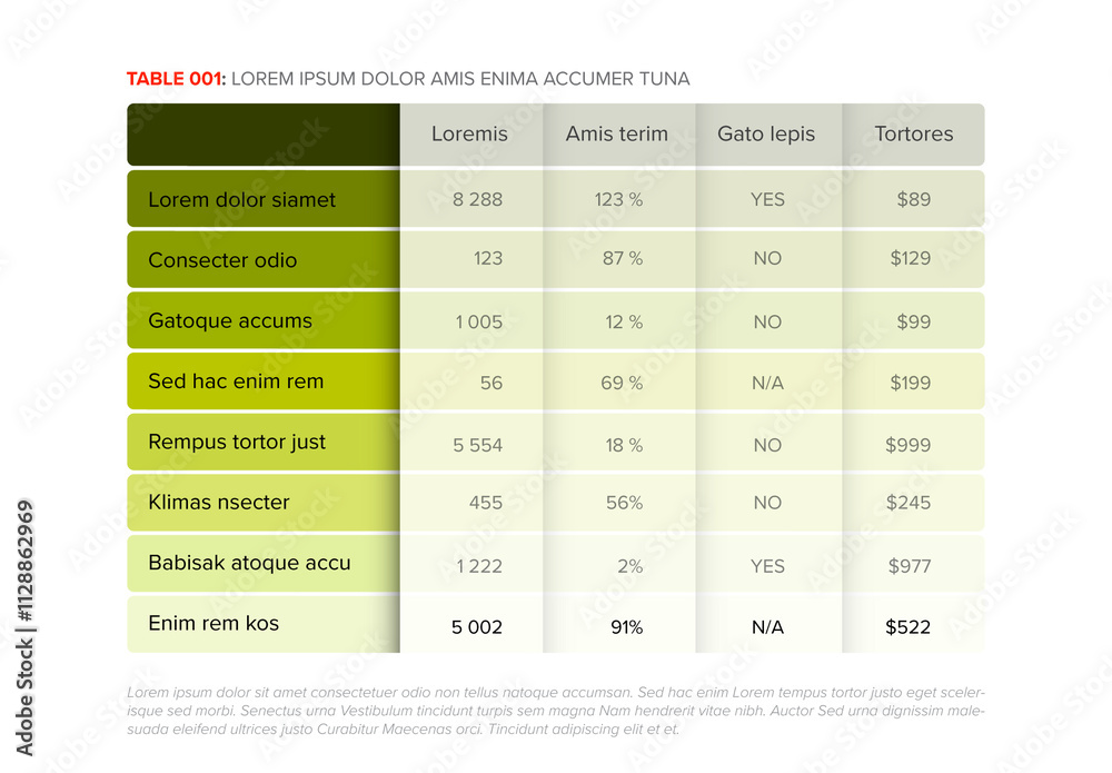 Simple stylized green color data table layout template with semi transparent effect