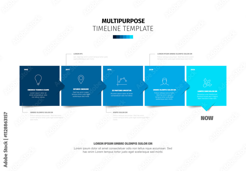 Timeline template made from five blue content boxes with arrows