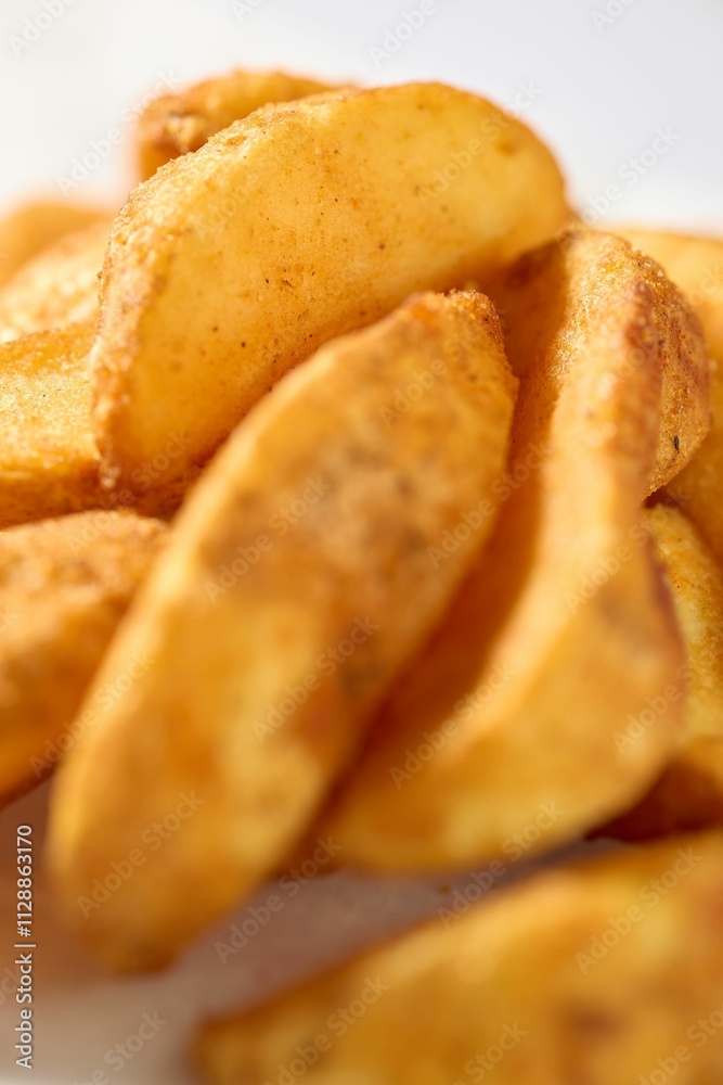 Close-up of golden and crispy potato wedges. Close-up of golden and crispy potato wedges.