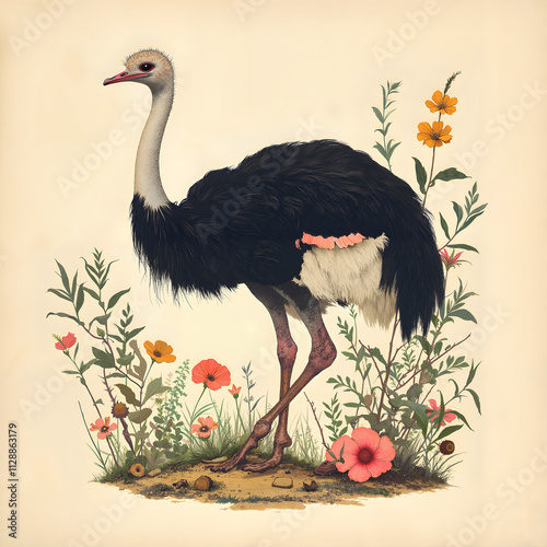 Artful depiction of an ostrich surrounded by vibrant flowers in a natural setting photo