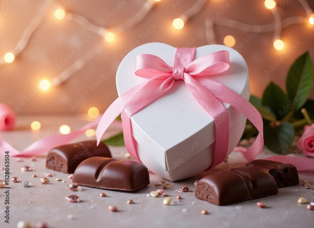 Heart-shaped candy box with a pink ribbon and chocolates on a festive background Heart-shaped candy box with a pink ribbon and chocolates on a festive background