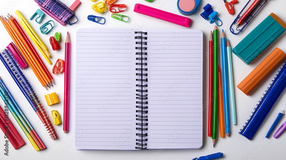 An empty notebook surrounded by colorful school An empty notebook surrounded by colorful school