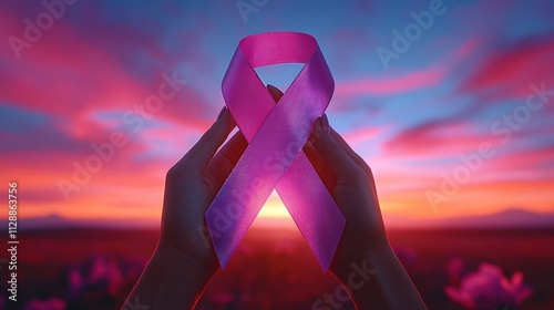 Hands holding a pink ribbon against a beautiful sunset. Awareness, hope, support, and healing are symbolized by the ribbon, which is a symbol of breast cancer awareness. photo