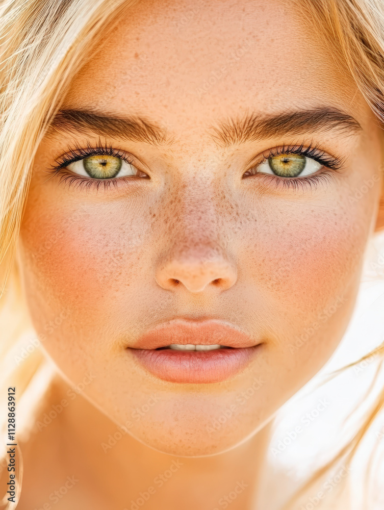 A close-up portrait of a person with striking green eyes, freckles, and natural makeup, lit by soft, warm sunlight. A close-up portrait of a person with striking green eyes, freckles, and natural makeup, lit by soft, warm sunlight.