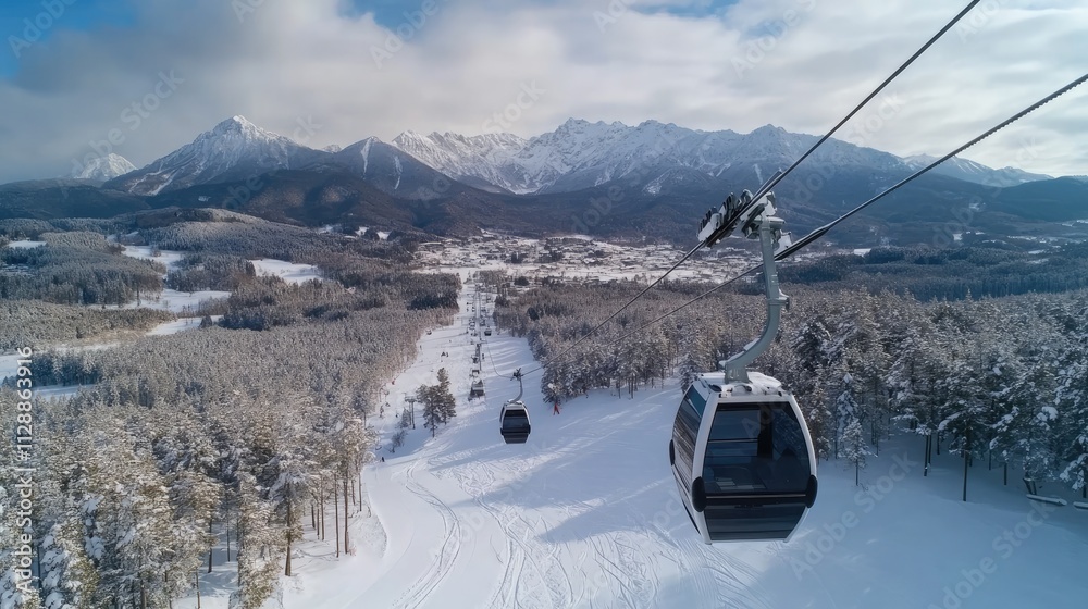 Cable car travels above beautiful snowy mountains and green trees, showcasing stunning winter landscape in spring Cable car travels above beautiful snowy mountains and green trees, showcasing stunning winter landscape in spring