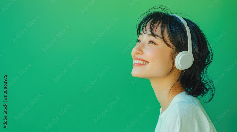 Minimalist portrait of a woman wearing white headphones against a bright green background Minimalist portrait of a woman wearing white headphones against a bright green background