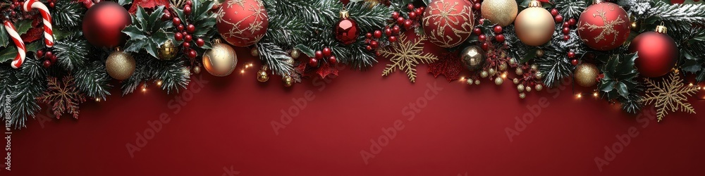 Christmas Wreath Display with Decorations, Gold Garland, and String Lights on Red Backdrop, for Commercial Holiday Greetings Christmas Wreath Display with Decorations, Gold Garland, and String Lights on Red Backdrop, for Commercial Holiday Greetings