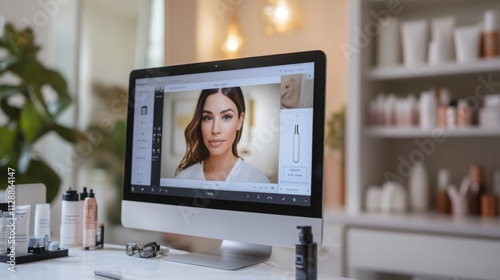 A modern computer screen showcases a virtual skincare consultation featuring a woman's portrait. Skincare products are neatly arranged on the desk, enhancing the online experience. photo