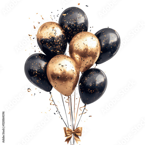 Bunch of Golden and black balloons with a bow and confetti on transparent background, 3D illustration
