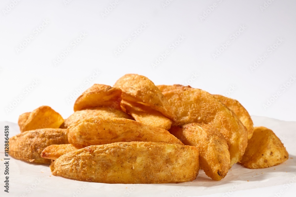 Fototapeta premium Golden and crispy potato wedges served on white paper.