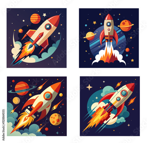 Rocket ship blasting off into space vector illustration