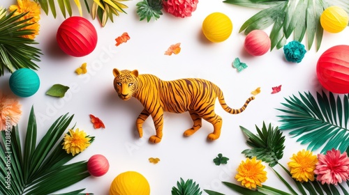 Colorful Paper Decorations Surrounding a Realistic Tiger Figurine on a Bright White Background, Perfect for Celebrations or Jungle-Themed Events photo