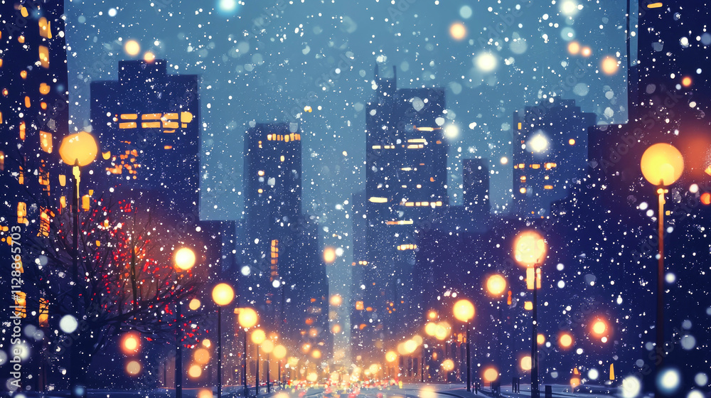 Obraz premium Enchanting nighttime cityscape adorned with festive Christmas lights and soft falling snow
