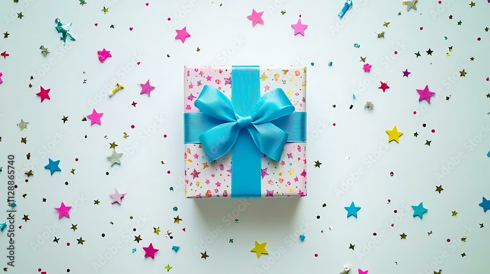 4. A colorful gift box with a vibrant blue ribbon, placed on a pristine white background, surrounded by small decorative elements like confetti and stars. 4. A colorful gift box with a vibrant blue ribbon, placed on a pristine white background, surrounded by small decorative elements like confetti and stars.
