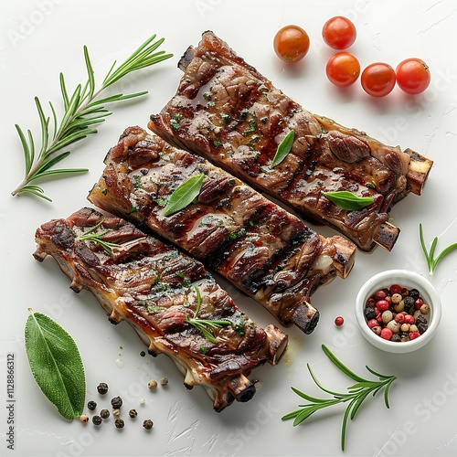 Close up Top view flat lay of Ribeye Steak with charred crust or  Grilled veal meat ribs cutlets with ingredien herbs against a white background as a separate object photo