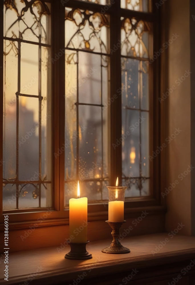 Soft golden light spills from a church window with a paraffin candle, hallowed hall, peaceful ambiance, serene atmosphere Soft golden light spills from a church window with a paraffin candle, hallowed hall, peaceful ambiance, serene atmosphere