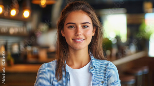 Free Download Young woman in blue striped shirt poses in casual business setting by a restaurant - GFXLoad