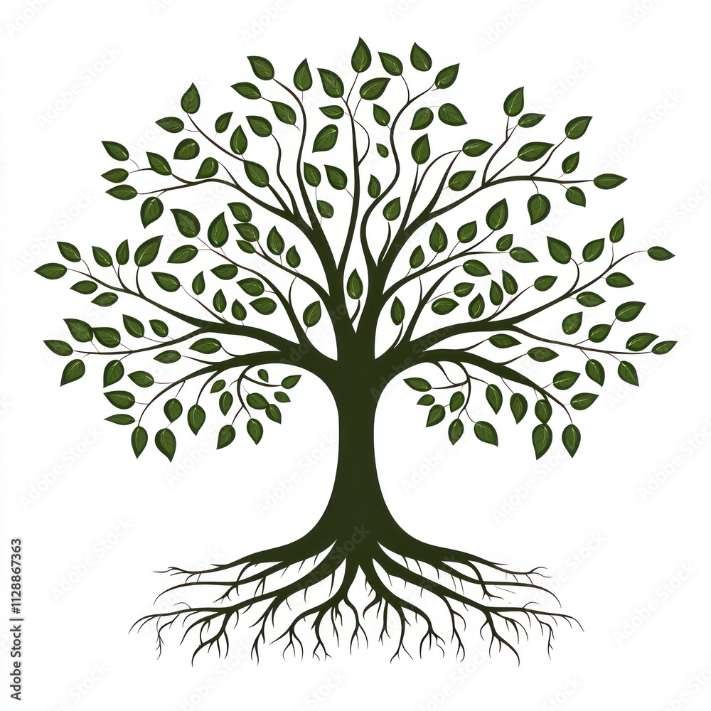 Obraz premium Lush green tree with exposed roots, isolated on white.